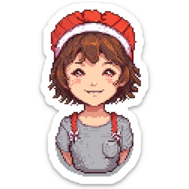 girl with short brown hair and a red headband, pixel art style, smiling sticker