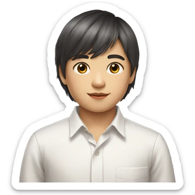 11 year old chinese BOY with curtain bangs and gray eyes and white formal shirt with long sleevesand a book sticker