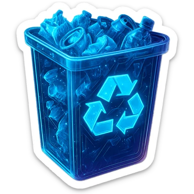 Add visible trash inside the exact cyberpunk recycle bin image. Keep the design, style, and perspective of the bin unchanged. The trash should be clearly visible inside the bin. Maintain the glowing neon blue and pink edges, circuit patterns, and transparent background exactly as they are, preserving the cyberpunk aesthetic. sticker