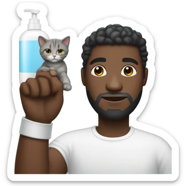 big black guy holding a cat in his right arm and a shampoo bottle in his left hand  sticker