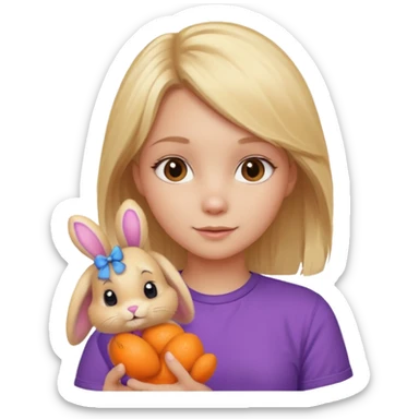 Someone holding a bunny make the girl have blond hair and a purpol shirt and the bunny ornghe sticker