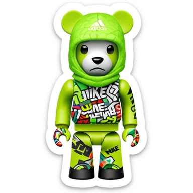 geometric bearbrick toy wearing a lime green balaclava completely covered with chaotic streetwear brand logos, graffiti-style tags, Nike, Adidas, Supreme, Off-White all mixed together in urban style, aggressive look sticker