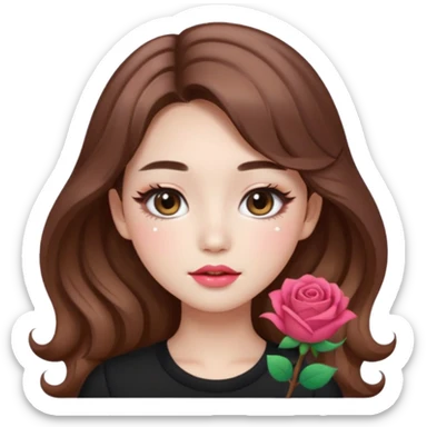 “korean brown hair Emoji girl, soft eyeliner, gradient rose lips, light brown shimmer eyeshadow, sparkly aegyo-sal, long wavy hair,  sticker