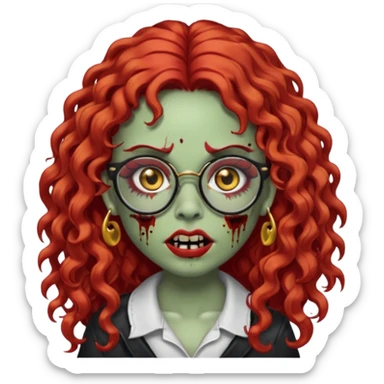 zombie girl emoji with long red curly hair, thick lashes, black glasses, gold nose piercings on each nostril, and a gold eyebrow piercing. sticker