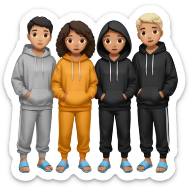 four mixed race friends all wearing oversized hoodies, sweatpants, and slides huddled together in a circle  sticker