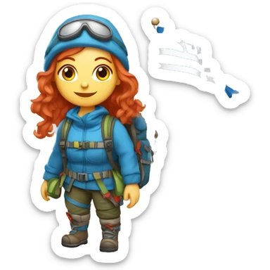 Female winter mountain climber red hair climbing, holding Greek flag on backpack and holding Easter eggs basket sticker