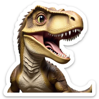 Cinematic Realistic Cute Yawning velociraptor/T-rex Portrait Emoji, Head tilted slightly with a dramatic, wide-open yawn, showcasing a massive, rugged scaled hide with subtly drooping features and half-closed, drowsy eyes rendered in authentic prehistoric detail, high shine, relaxed yet expressive, styled with a dash of ancient charm, soft glowing outline, capturing the essence of a sleepy yet affectionate velociraptor/T-rex that appears ready to stretch out and settle into a timeless nap! sticker