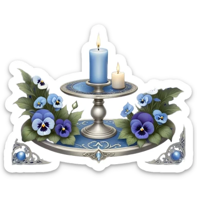 A mystical scene where deep blue and light blue pansies bloom under a silver crescent moon, casting an ethereal glow across the enchanted garden. A round, pearl-colored candle flickers atop an ornate silver stand, its wax melting into swirling patterns resembling planetary orbits. Surrounding it, a set of celestial tarot cards—The Moon, The Star, and The High Priestess—are carefully placed, their intricate silver engravings shimmering with divinatory power. The background sky is adorned with floating zodiac constellations, softly pulsing as if alive, while a trail of stardust leads to a glowing cosmic portal that opens into a swirling galaxy. sticker