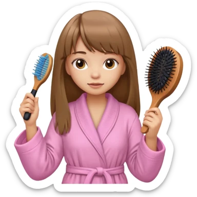 a girl with light skin and medium brown long hair with bangs who is brushing her hair with a hairbrush and she is wearing a light pink bathrobe sticker