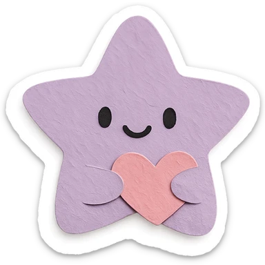 smiling pastel purple star clutching a small pastel heart, no arms or legs, full body, kawaii paper craft style sticker