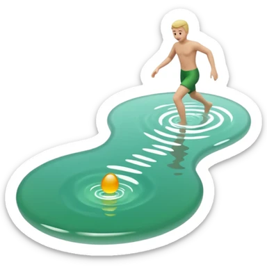 Create a minimalistic 3D emoji-style icon in a modern iPhone-like emoji aesthetic. Glossy rounded 3D surfaces, soft reflections, white background. Theme: Ice bathing in a natural pool. Show a simplified natural pool with green-tinted water and a stylized neutral figure stepping into the cold water. sticker