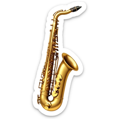Cinematic Realistic Saxophone, smooth, curving golden brass body, intricate keywork reflecting soft warm light, rich patina adding character, glowing with a jazzy and atmospheric presence. sticker