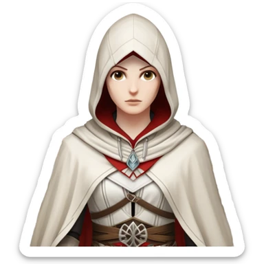 icon featuring Assasin's Creed in an iconic assassin's hood, standing tall. Florence is on background. The design captures the essence of adventure, with intricate details of historical architecture and a sense of mystery. The character is poised, ready for action. transparent background. sticker
