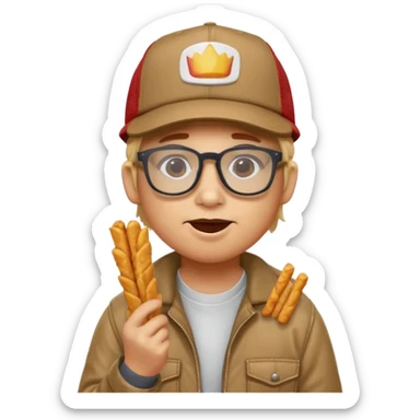 num num eatting hashbrown sticks with a trucking cap and glasses sticker