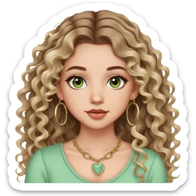 cute girl with not volominous VERY LONG curly/wavy balayage hair brown eyes full lips cute makeup cute necklace and hoop earrings white girl with light green top sticker