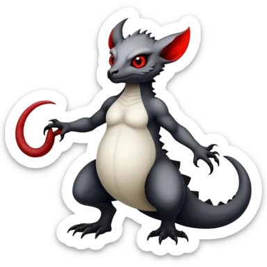 a white exotic edgy vernid-fionbri-creature, with black belly and red eyes, full body sticker