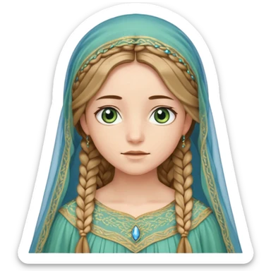 Joven de unos 20 años, de aspecto dulce y elegante.
Piel clara, ojos expresivos (pueden ser azules o verdes)
Rubio o castaño claro, largo, con trenzas o velo.
Vestido largo de tonos suaves (blanco, azul o lavanda), con bordados dorados; un manto o toca fina cubriendo la cabeza. sticker