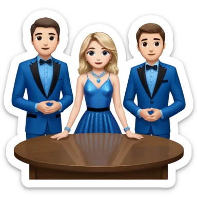 Sabrina carpenter in a blue sparkly dress at a table with 3 handsome men, and she is standing up reaching over  sticker