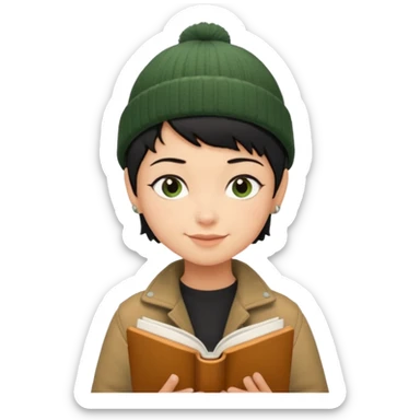 tan skin, non binary person with pixie cut black hair, wearing brown jacket and dark green beanie, shy smile , reading  book  sticker