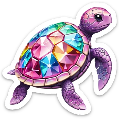 Photorealistic turtle sculpted from sparkling pink diamond, intricate facets, rainbow light refraction, crystal clear texture, luxury jewelry aesthetic, studio photo.. sticker