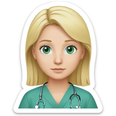 a doctor with green scrubs, blonde hair middle part, blue eyes sticker