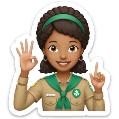 Create me a black Girl Scout emoji holding up Girl Scout hand sign sticker