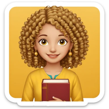 a pretty bratz girl with curly hair wearing a yellow kurti, eyeliner, jhumkas, carrying books sticker