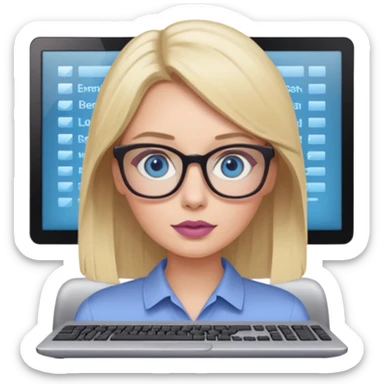 donna bella, occhi azzurri con occhiali, capelli medi, lisci e biondi, lavora usando lo schermo pc. Labbra color malva chiaro sticker