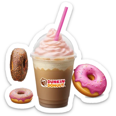 Realistic Dunkin Donut Iced Coffee with pink frosted donut with orange sprinkles sticker