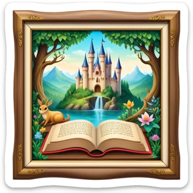 An enchanting fairytale book with a beautifully illustrated cover, featuring magical creatures, castles, and lush forests, resting on a wooden table surrounded by soft, glowing light sticker