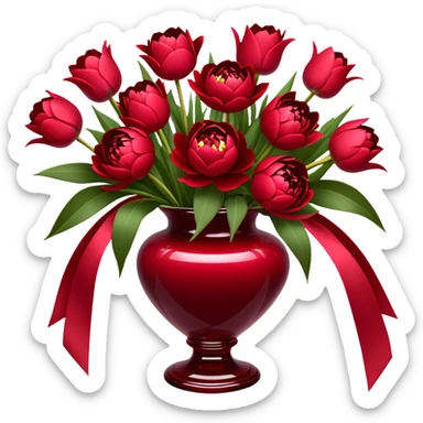 "An exquisite floral arrangement in a deep red glass vase, filled with velvety red peonies, classic roses, and striking tulips, accompanied by silky pearl-colored ribbons that drape gently over the surface." sticker