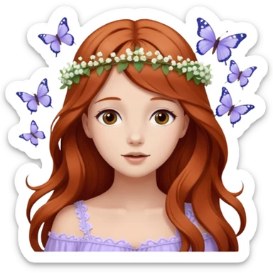 Woman with long flowing auburn hair wearing a flower crown with pale lavender flowers and white baby's breath in it and butterflies flying around it sticker