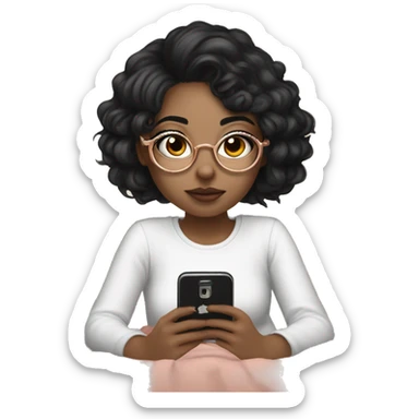 a fair-skinned girl wearing round rosegold glasses, layer blackhair playing with her cell phone with a faint smile in bed sticker