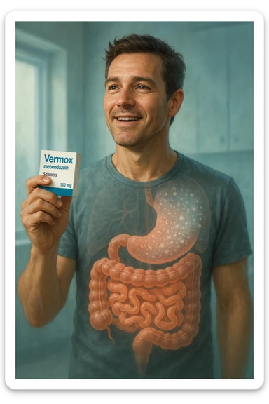 A realistic, cinematic illustration of a man in his late 30s holding a small white box of ‘Vermox’ (mebendazole) in one hand, with a relieved and hopeful expression on his face. Behind him, a semi-transparent overlay shows his digestive tract where small, symbolic worm-like parasites are dissolving and disappearing, indicating the medication’s effect. The environment is clean and bright, with a medical yet hopeful tone, conveying the concept of effective parasite removal. Subtle blue and green tones symbolize cleansing and health restoration, while the man appears energized and ready to reclaim his well-being sticker