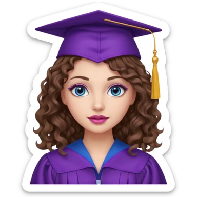 girl with curly and long wavy brown hair, blue eyes, long lashes makeup, sexy pink lips, wearing a purple graduation cap and gown sticker