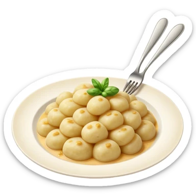 Gnocchi Cinematic Realistic Gnocchi Dish Emoji, depicted as tender potato dumplings garnished with iconic fork marks on top, rendered with soft textures and warm, inviting lighting. sticker