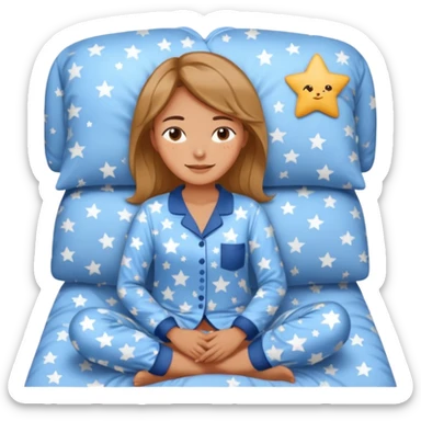  "type": "human",
      "look": "woman in star-print pyjamas, soft blue set, sleepy smile", sticker