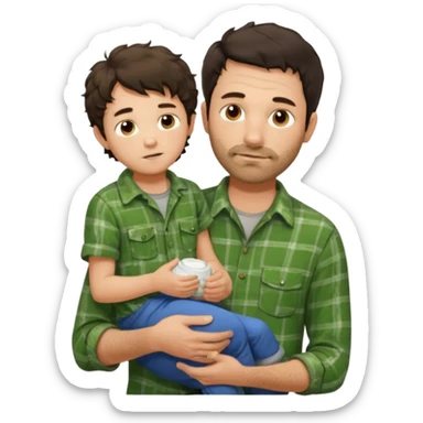 A father with messy medium-length dark hair and light stubble, wearing a green flannel shirt. He holds his one child who has short curly brown hair and a cream-colored romper. Cozy warm lighting, authentic family moment. sticker
