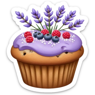Lavender flower sprigs on a muffin with berries and sugar crystals no frosting  sticker