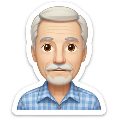 Man in his 70s with fair skin and gentle wrinkles. Long face with warm smile. Soft light brown eyes. Thin gray eyebrows. White goatee beard connected to mustache. Straight white hair combed back, longer on sides. Wearing a light blue and beige checkered button-up shirt. sticker