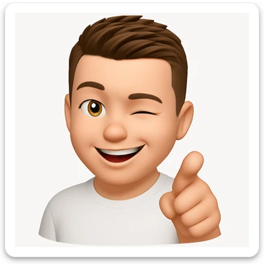 Based on these photos, make an emoji with facial features preserved, a man in a white T-shirt, winking, pointing forward sticker