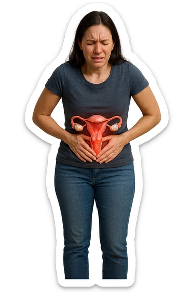 donna a figura intera con utero umano realistico in 3d in evidenza dolorante, espressione di dolore in volto, sfondo bianco, non farla computerizzata, ma iperrealistica 4k sticker