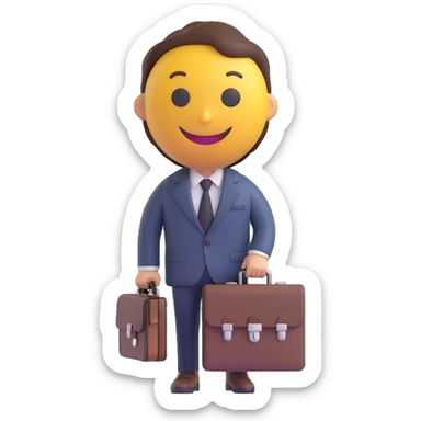 Create a 3D smiley emoji with a round shape, representing a lawyer. The emoji should wear a suit and carry a briefcase, have brown or black hair, and a smiling face. Use a transparent background. sticker