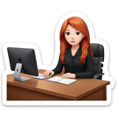 Video call therapy session: red-haired therapist with long hair wearing black minimalist clothing, seated in a professional home office, looking at the webcam; calm, modern teletherapy setting sticker
