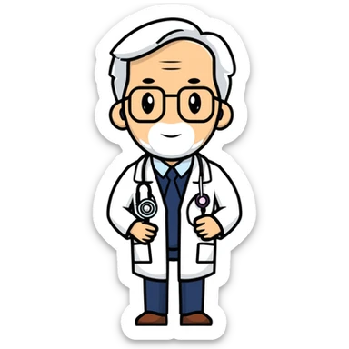 professional mature male doctor around 60 with stethoscope and white coat sticker