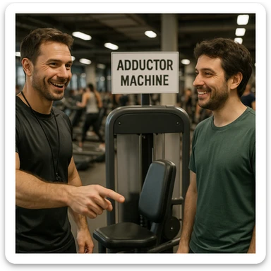 realistic scene of a personal trainer in a crowded gym pointing to the adductor machine to a client, smiling expression, client nodding, Italian sign 'Adductor machine', positive atmosphere, detailed, 4K quality sticker