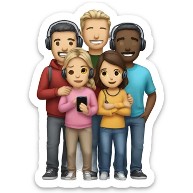 A group of five to seven humans cuddling with casual cloths, having headsets on and holding telephones  sticker