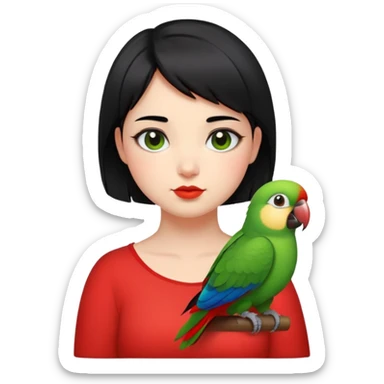 A chubby cheeks girl with short black hair with a green red lip parrot on her shoulder  sticker