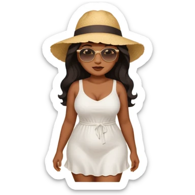 Curvy woman with brown skin with long wavy black hair, brown eyes. She's wearing a white cotton dress standing on a beach sticker