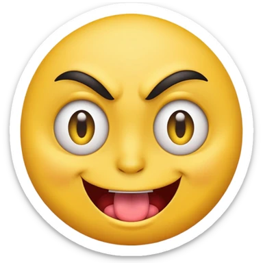 A yellow round face emoji smirking with its tounge out but the eyes are evil and kind of crazy and the eyebrows are turned  sticker